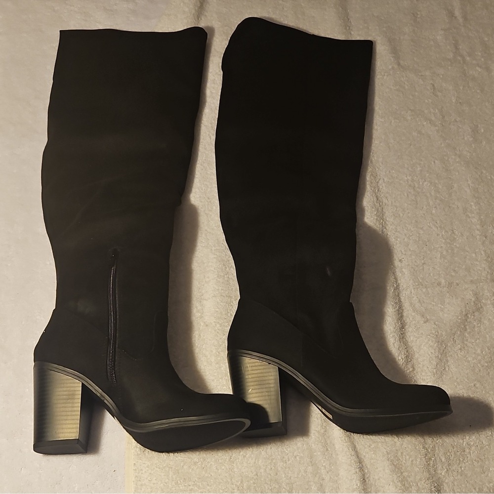 All Saints Black Synthetic Knee High Riding Boot Side Zip Round Toe Women 7